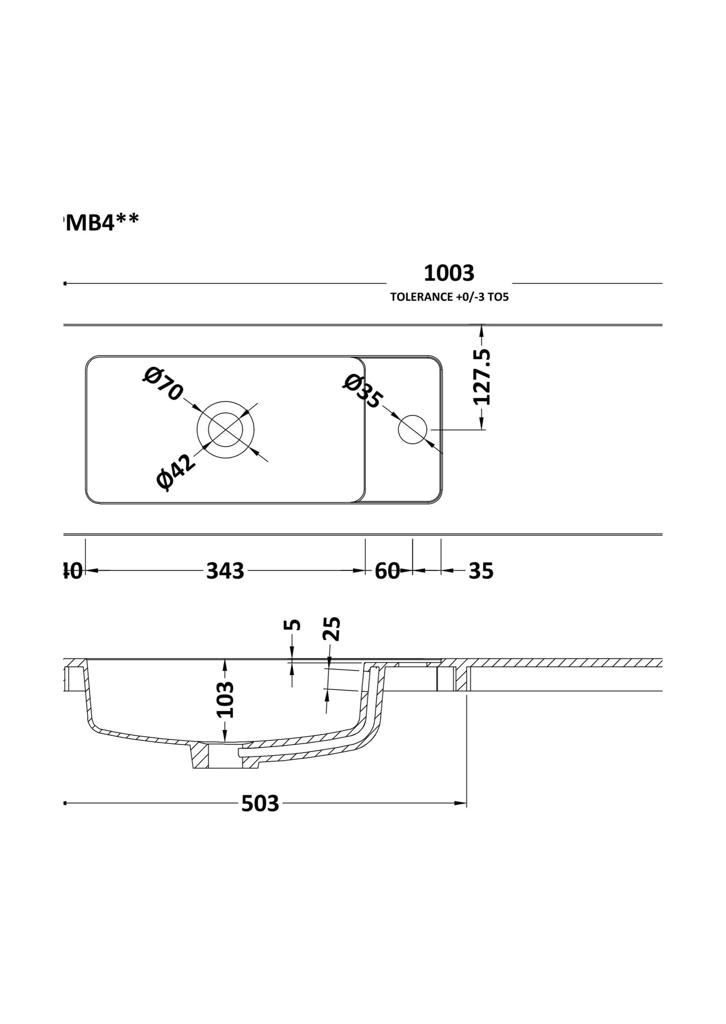 [BCDY402] 1000 Straight Polymarble Basin - Technical Drawing