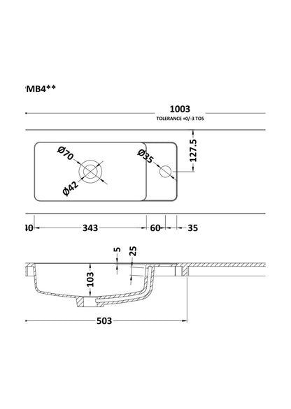[BCDY402] 1000 Straight Polymarble Basin - Technical Drawing