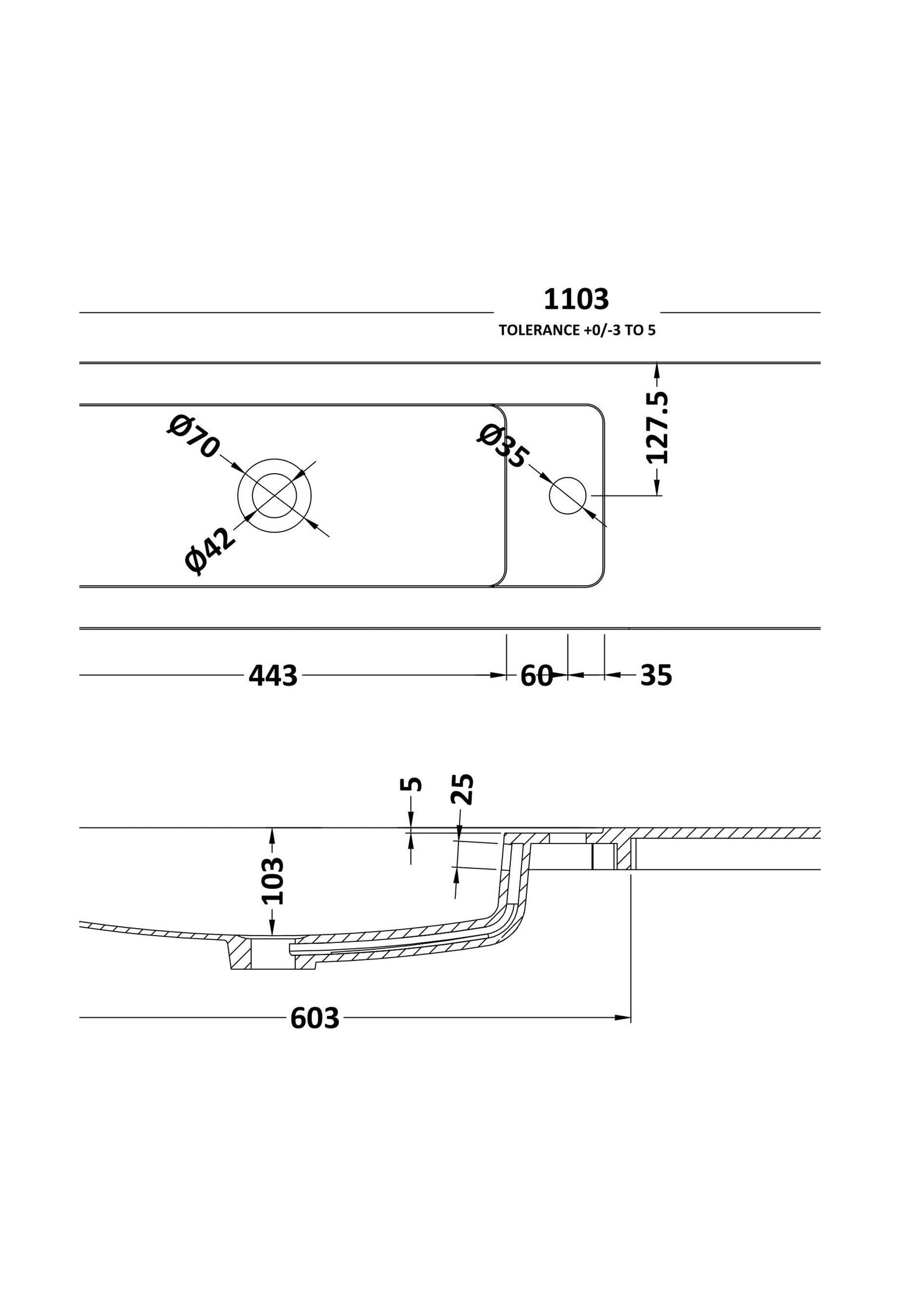 [BCDY403] 1100 straight polymarble basin - Technical Drawing