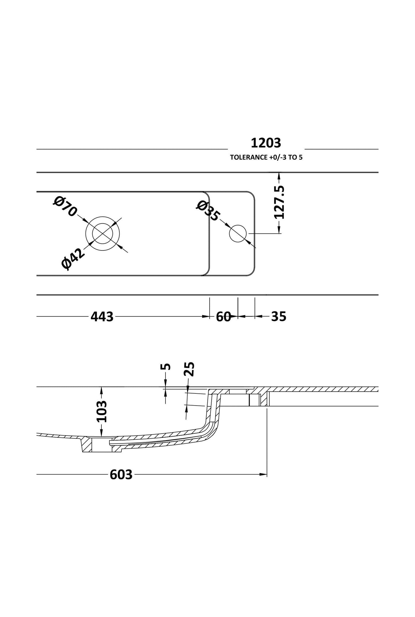 [BCDY404] 1200 straight polymarble basin - Technical Drawing