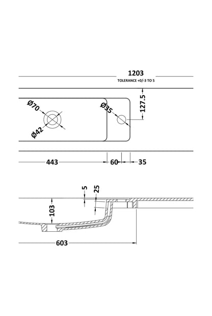 [BCDY404] 1200 straight polymarble basin - Technical Drawing