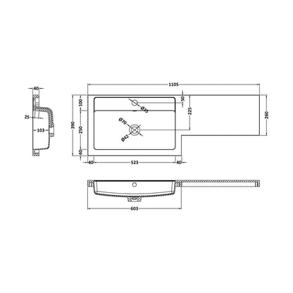[BCDY411L] 1100x390 L SHAPED POLYMARBLE BASIN LH - Technical Drawing
