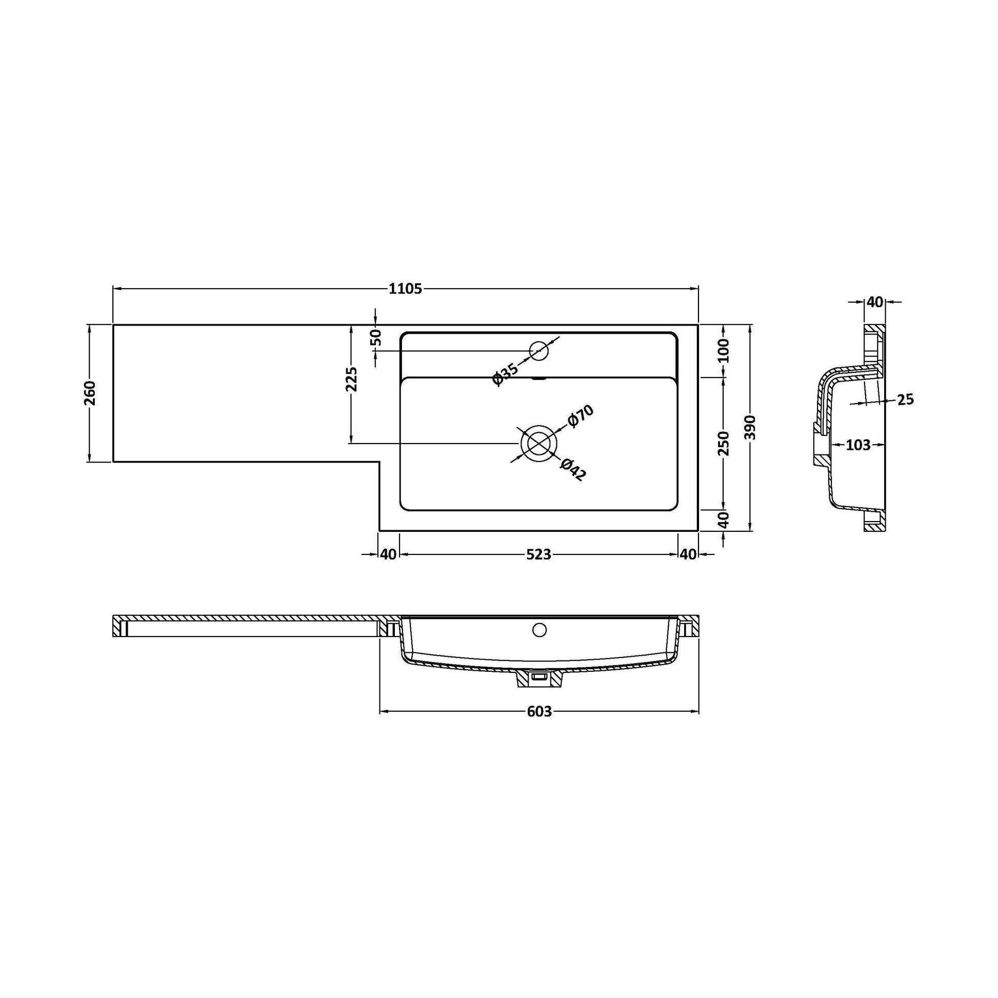 [BCDY411R] 1100x390 L SHAPED POLYMARBLE BASIN RH - Technical Drawing