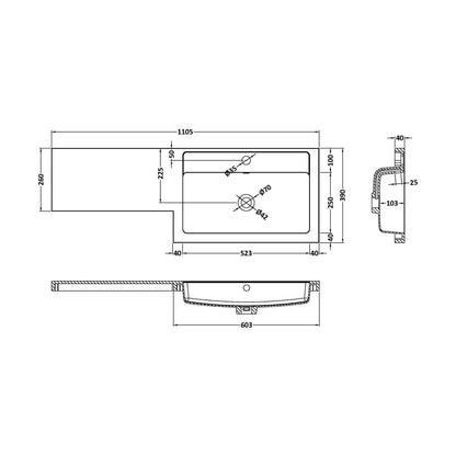 [BCDY411R] 1100x390 L SHAPED POLYMARBLE BASIN RH - Technical Drawing