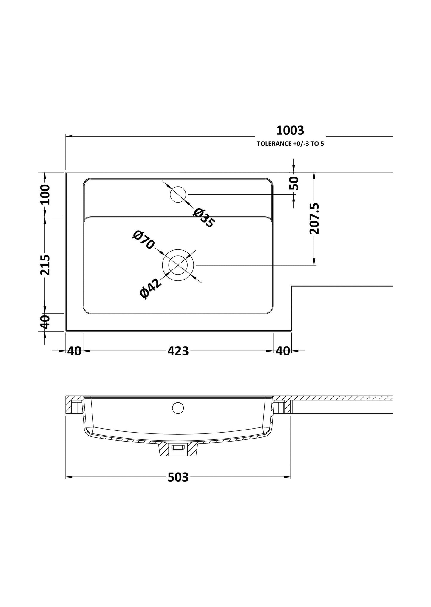 [BCDY412L] 1000 L shaped basin LH - Technical Drawing