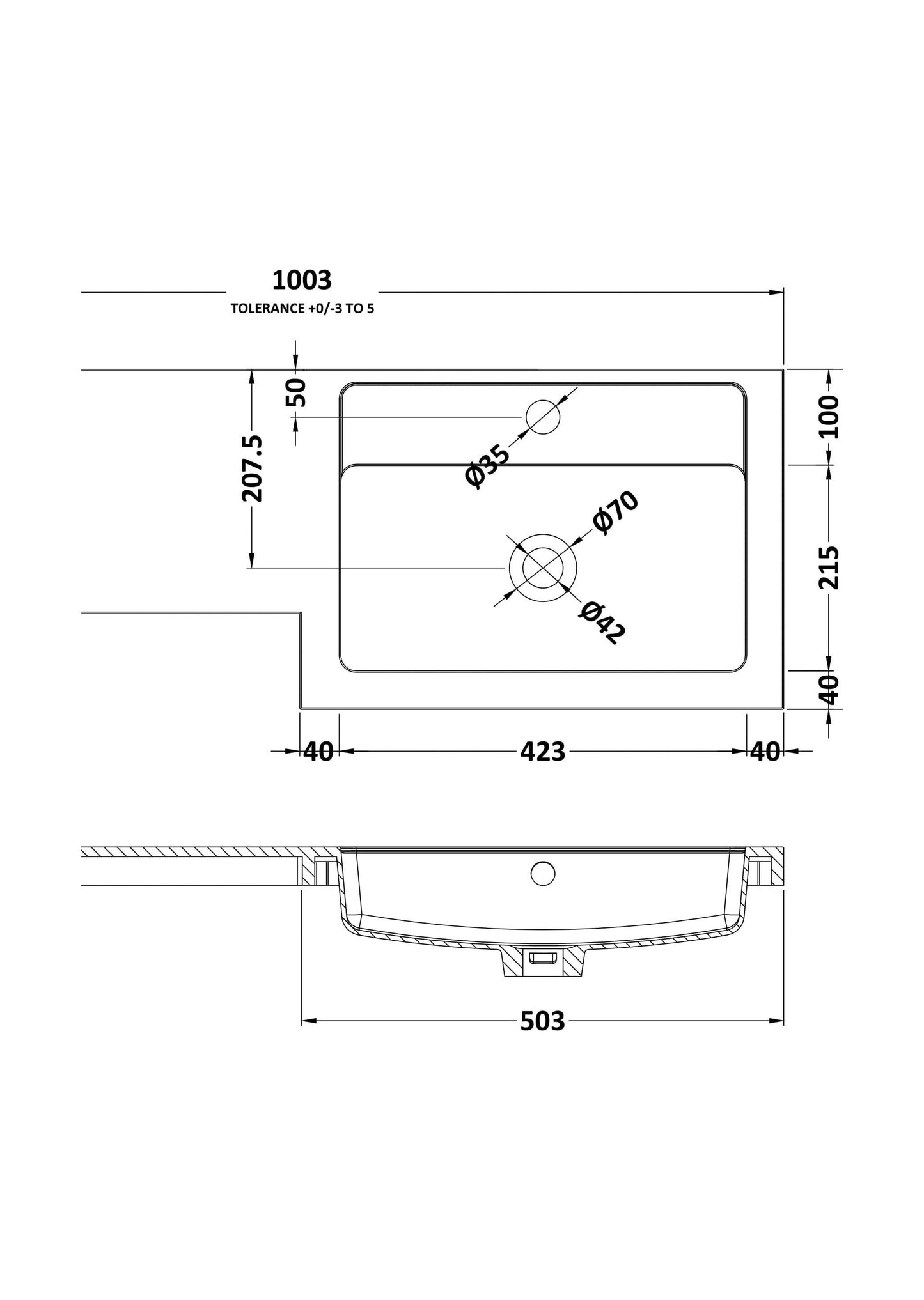 [BCDY412R] 1000 L shaped basin RH - Technical Drawing