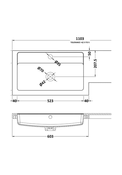 [BCDY413L] 1100 L shaped polymarble basin LH - Technical Drawing