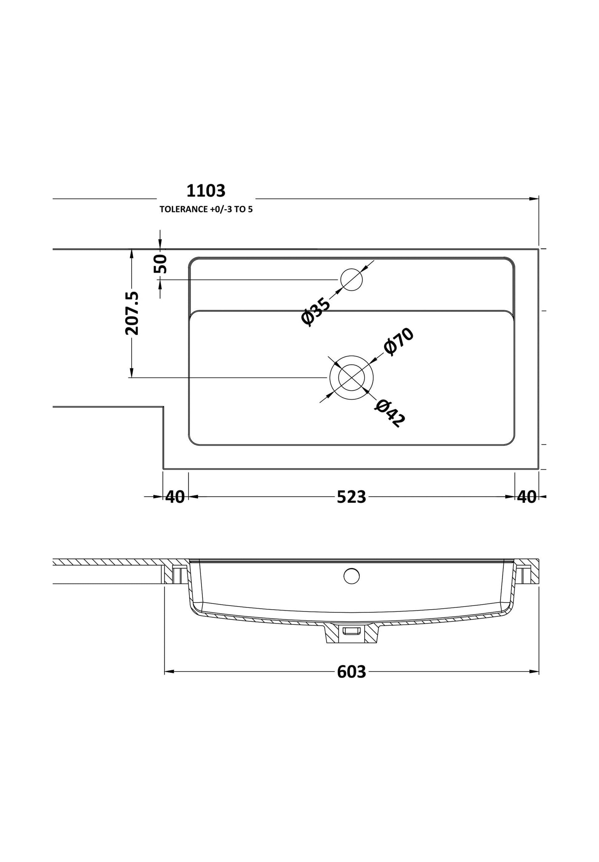 [BCDY413R] 1100 L shaped polymarble basin RH - Technical Drawing