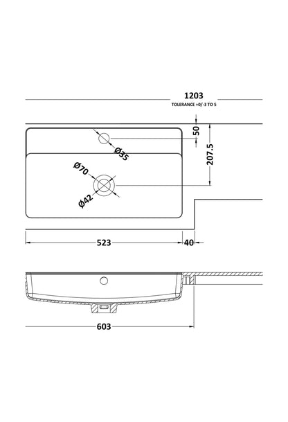 [BCDY414L] 1200 L shaped polymarble basin LH - Technical Drawing