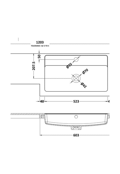 [BCDY414R] 1200 L shaped polymarble basin RH - Technical Drawing