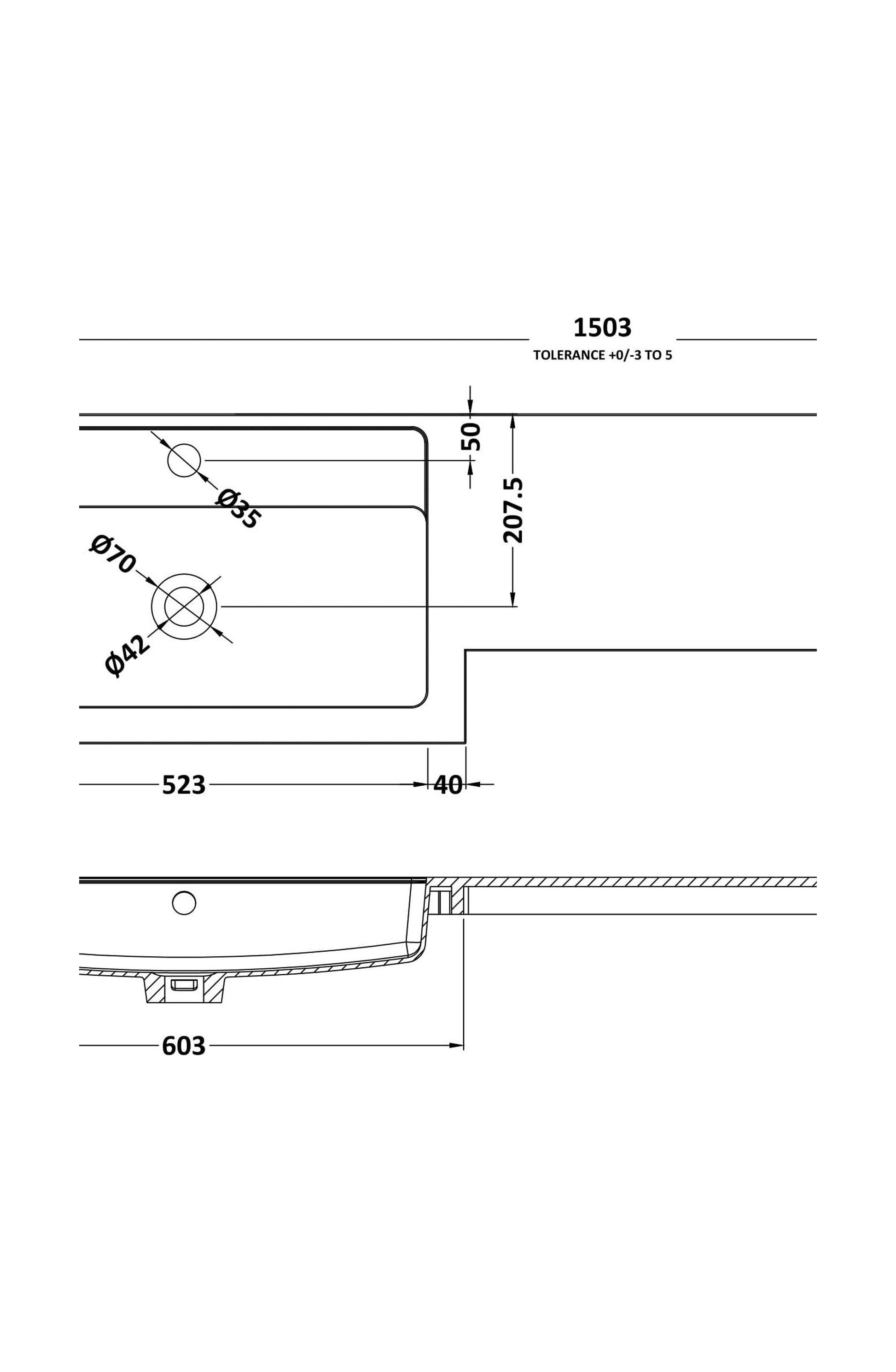 [BCDY415L] 1500 L shaped polymarble basin LH - Technical Drawing