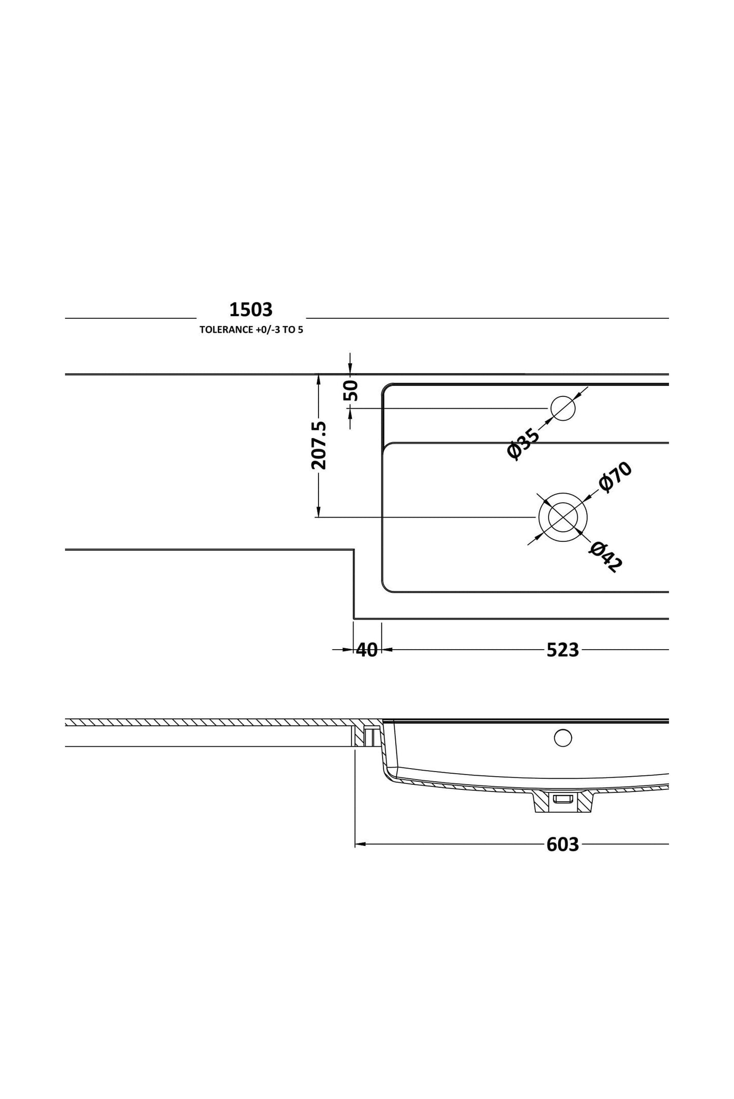[BCDY415R] 1500 L shaped polymarble basin rh - Technical Drawing