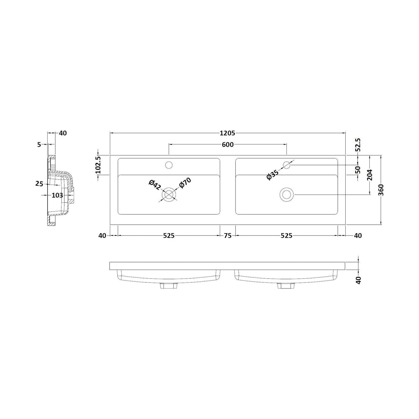 [BCDY425] Double Polymarble Basin 1205 x 360 - Technical Drawing