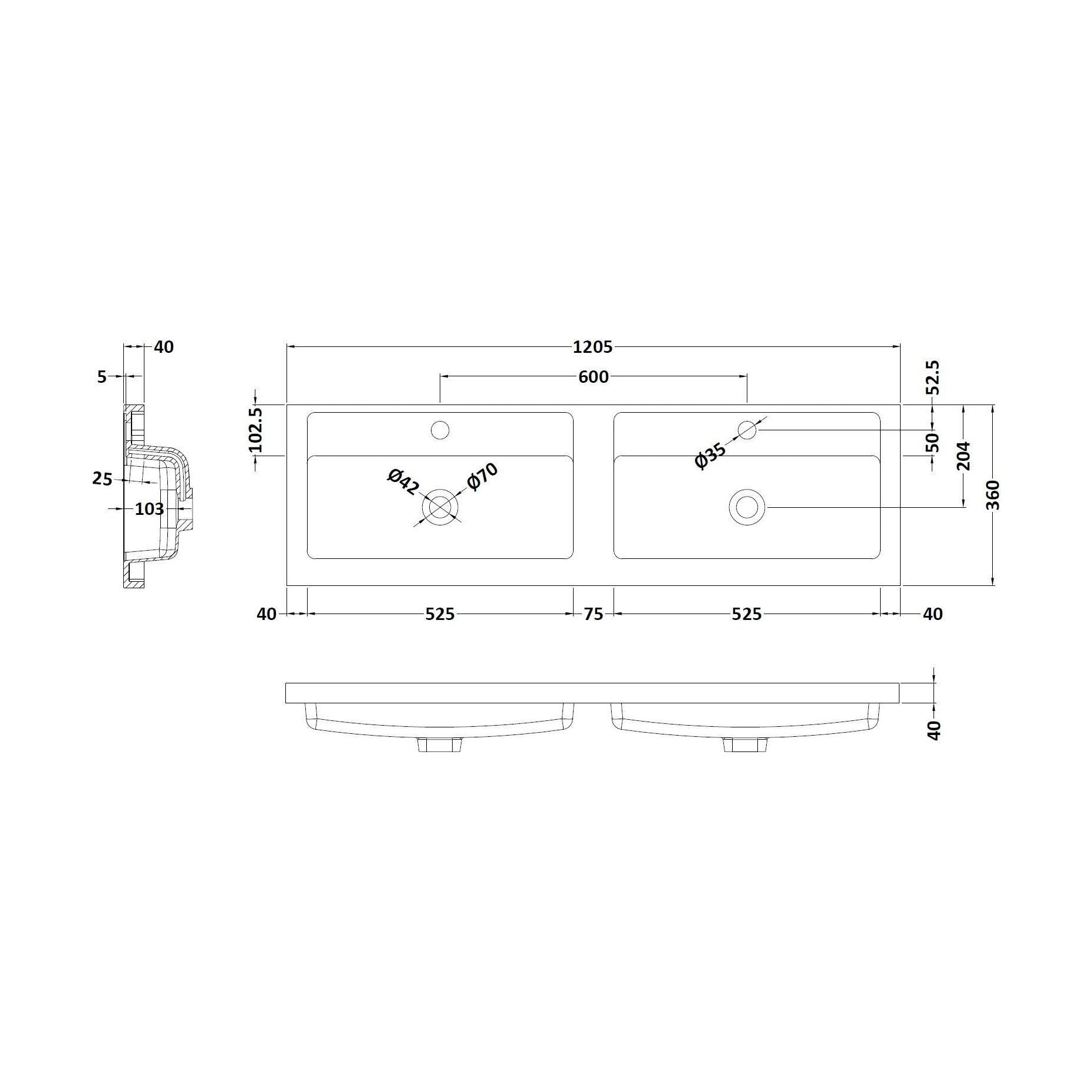 [BCDY425] Double Polymarble Basin 1205 x 360 - Technical Drawing