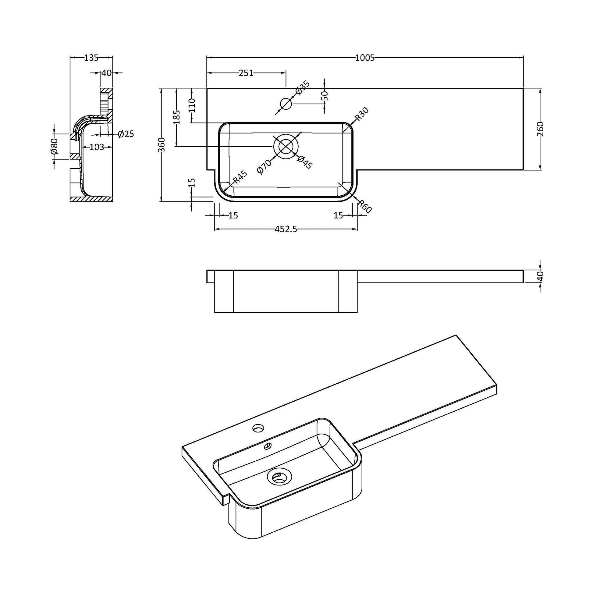 [BCDY512L] 1000 ROUND S/RECESS POLYMARBLE BASIN LH - Technical Drawing