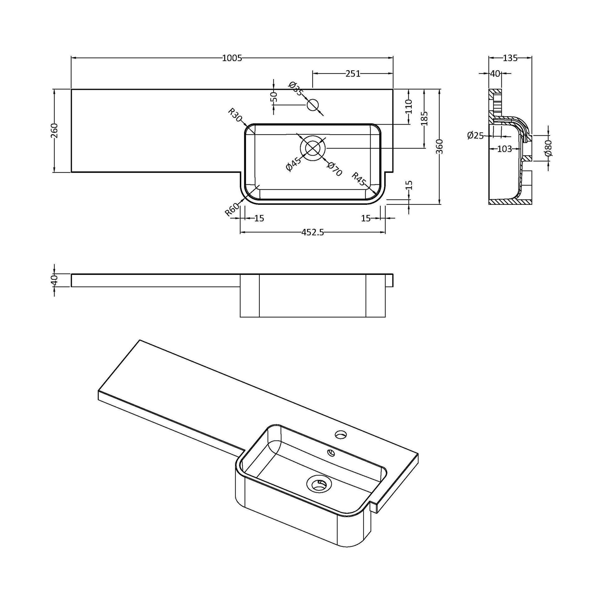 [BCDY512R] 1000 ROUND S/RECESS POLYMARBLE BASIN RH - Technical Drawing
