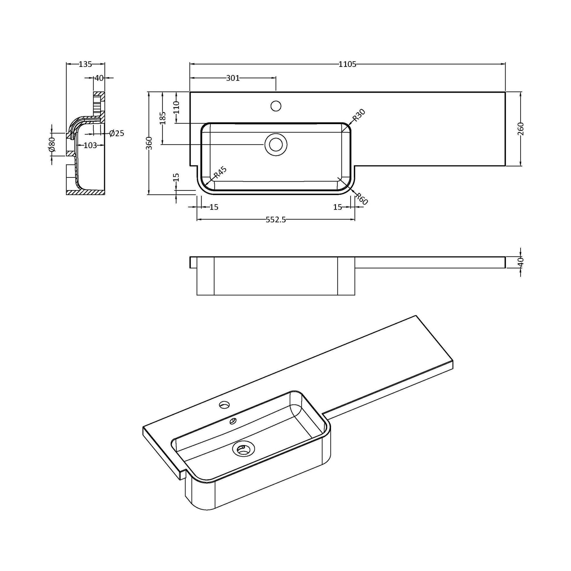 [BCDY513L] 1100 ROUND S/RECESS POLYMARBLE BASIN LH - Technical Drawing