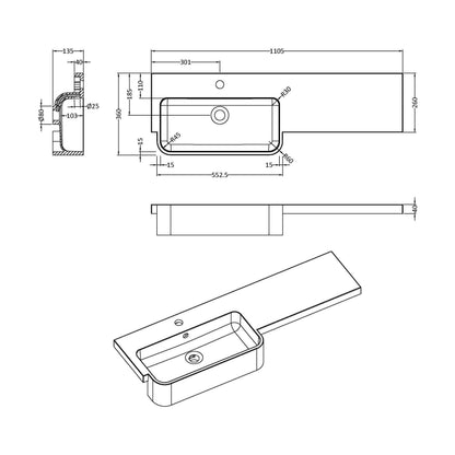 [BCDY513L] 1100 ROUND S/RECESS POLYMARBLE BASIN LH - Technical Drawing