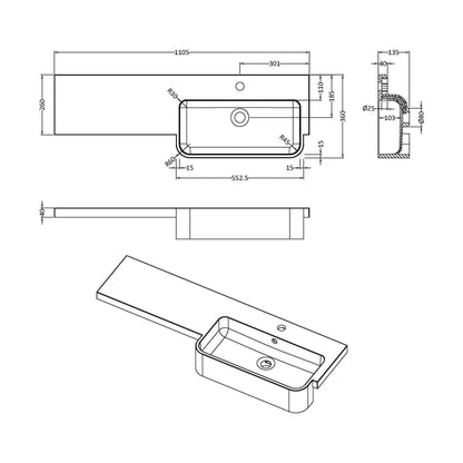 [BCDY513R] 1100 ROUND S/RECESS POLYMARBLE BASIN RH - Technical Drawing