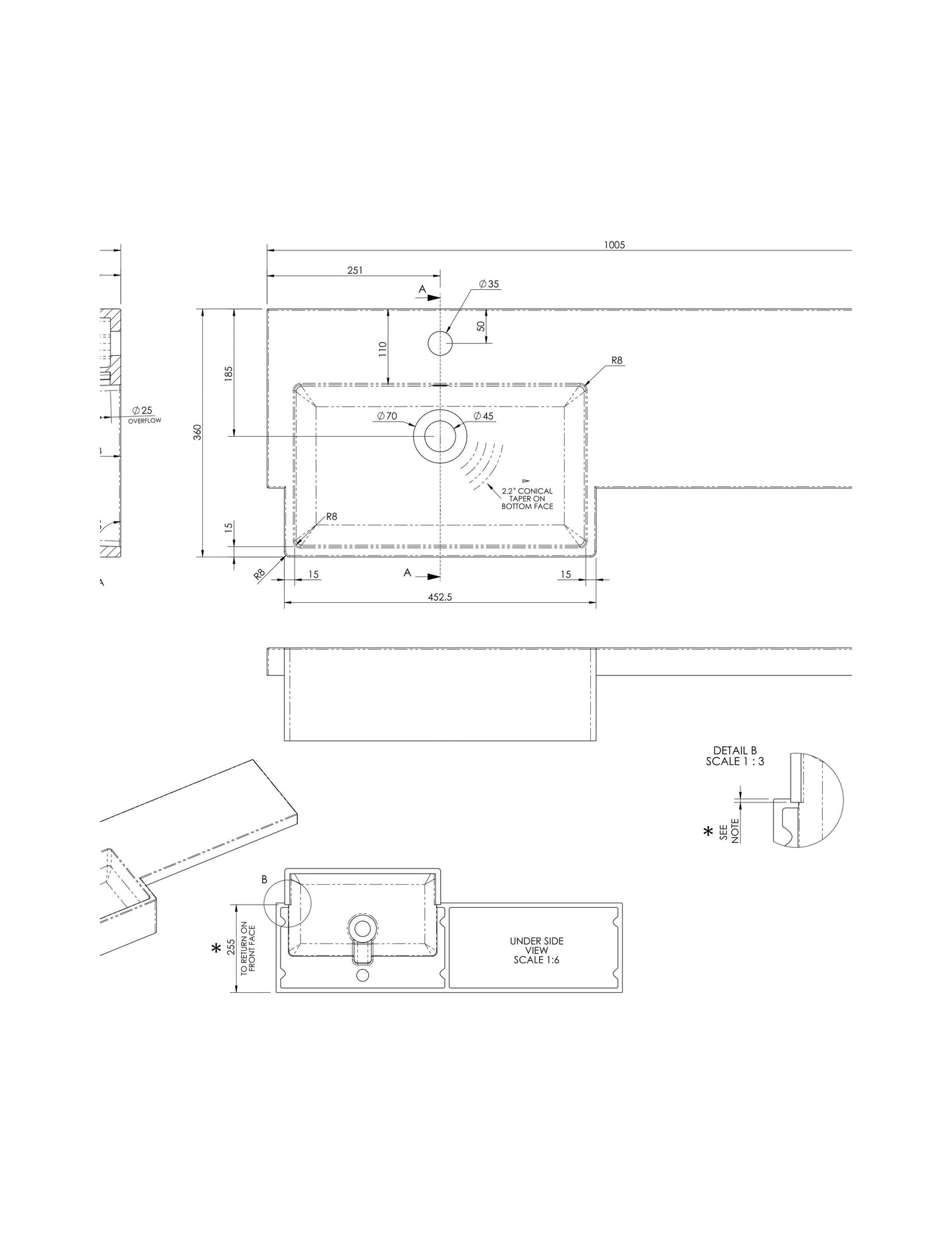 [BCDY612L] 1000 SQUARE S/RECESS POLYMARBLE BASIN LH - Technical Drawing