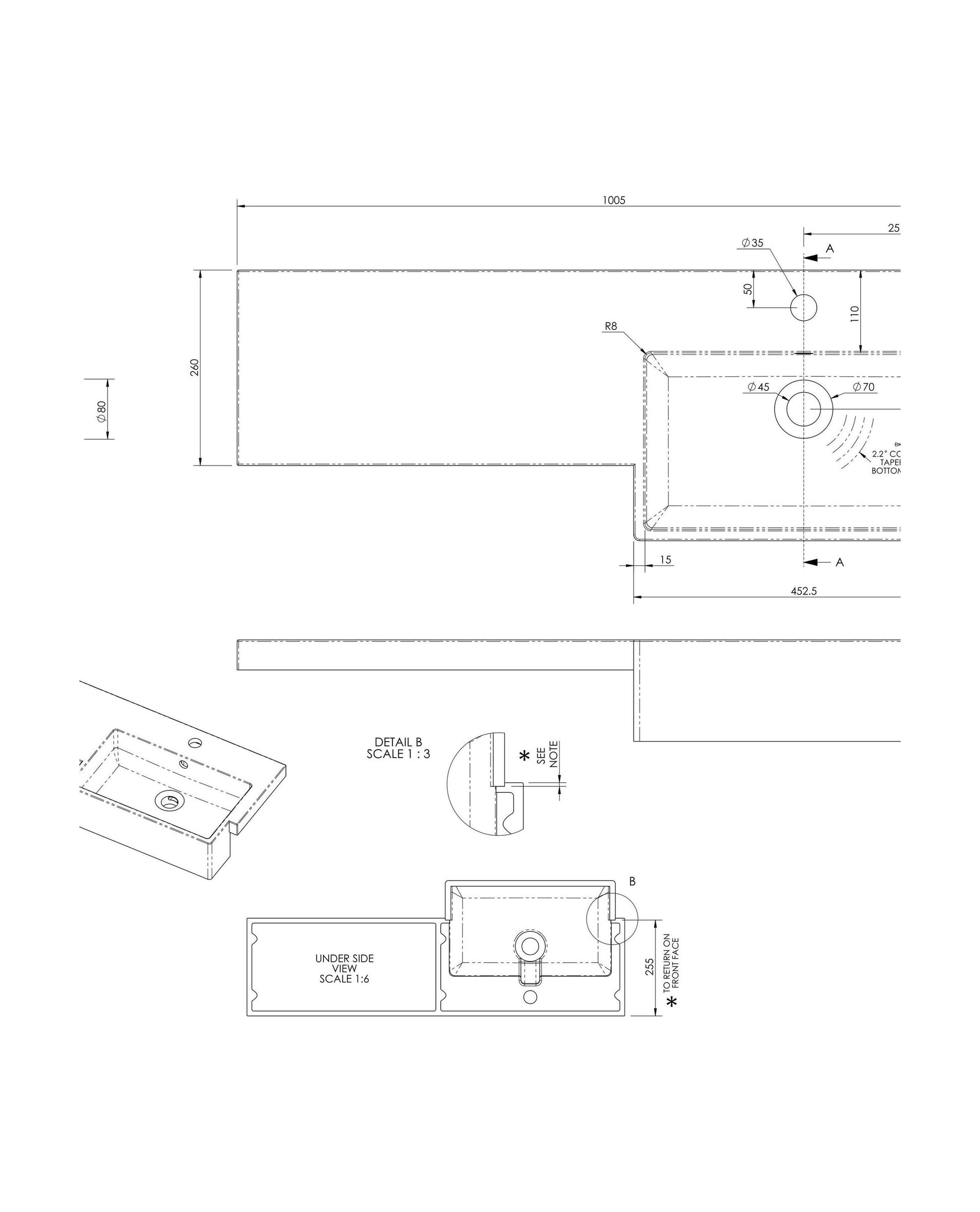 [BCDY612R] 1000 SQUARE S/RECESS POLYMARBLE BASIN RH - Technical Drawing
