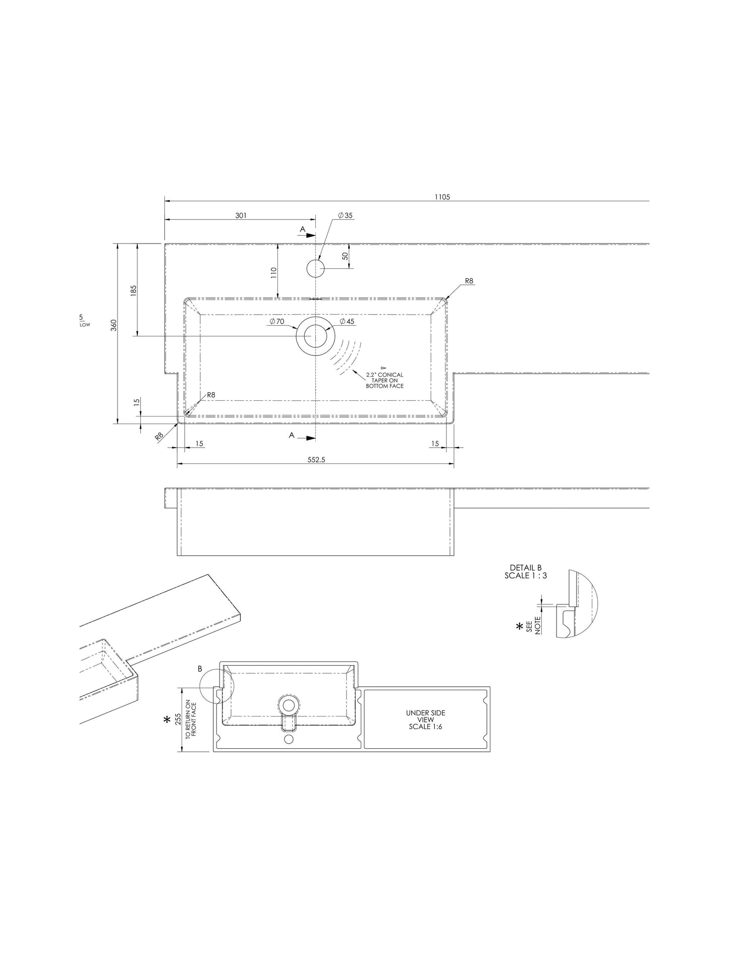 [BCDY613L] 1100 SQUARE S/RECESS POLYMARBLE BASIN LH - Technical Drawing