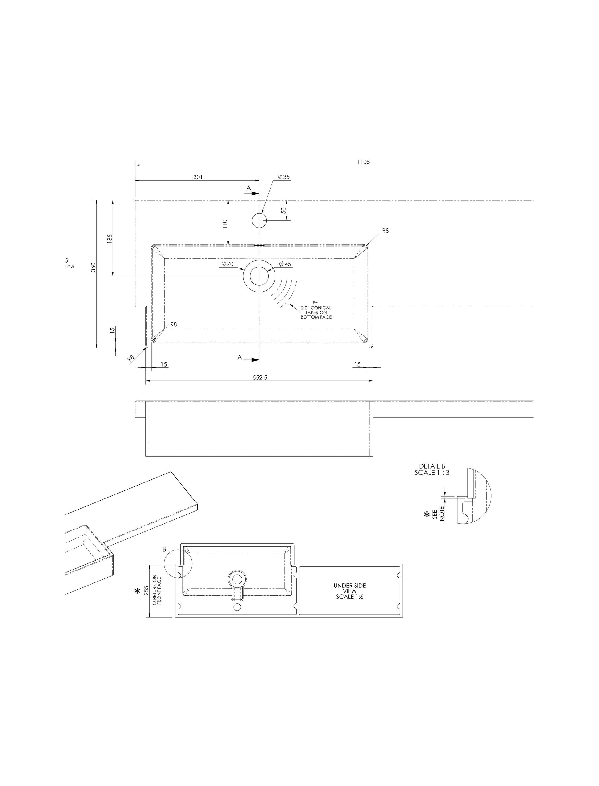 [BCDY613L] 1100 SQUARE S/RECESS POLYMARBLE BASIN LH - Technical Drawing