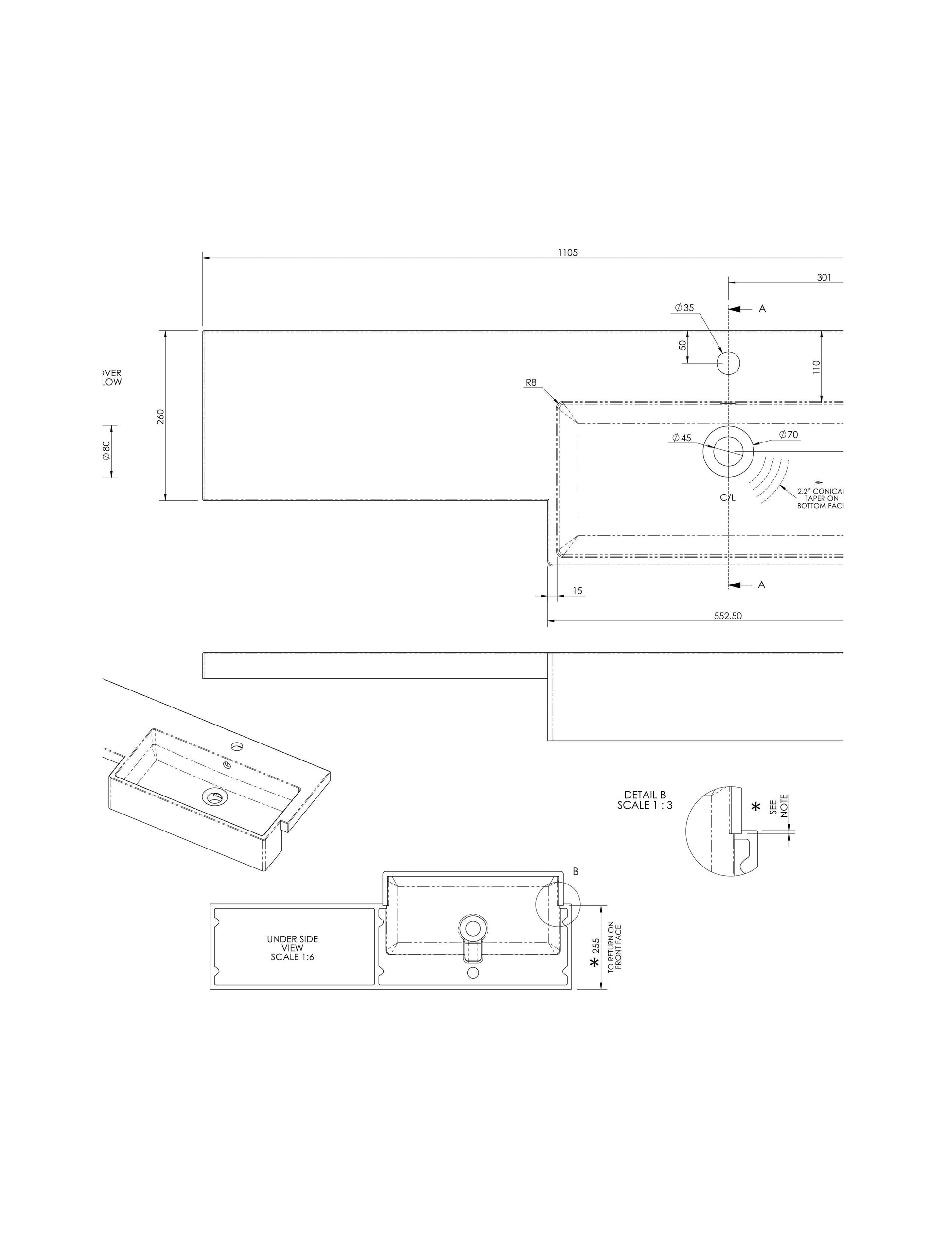 [BCDY613R] 1100 SQUARE S/RECESS POLYMARBLE BASIN RH - Technical Drawing