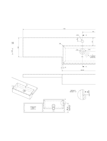 [BCDY613R] 1100 SQUARE S/RECESS POLYMARBLE BASIN RH - Technical Drawing