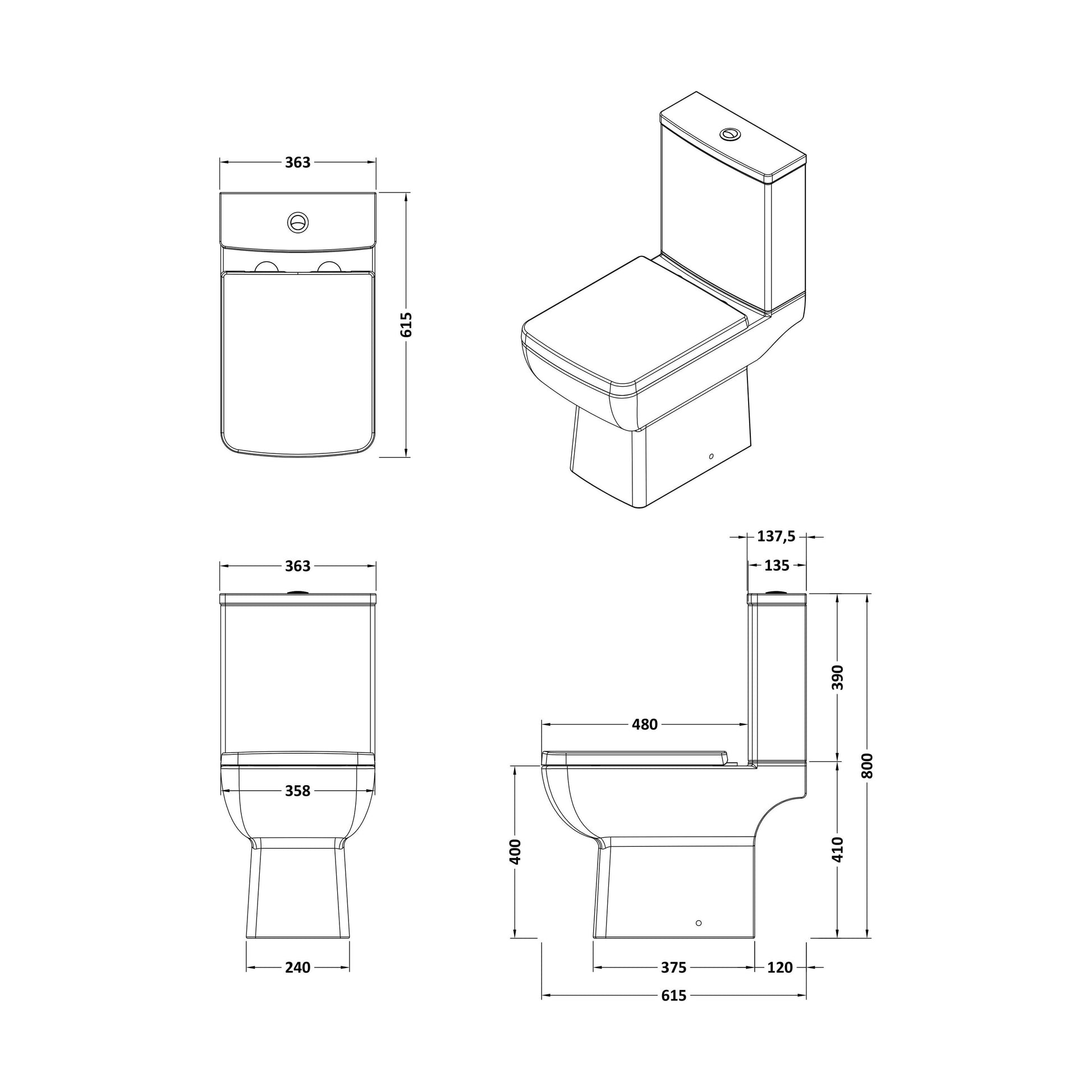 [BCET006] Grindon Contemporary Square Compact Rimless Toilet Pan and Cistern - 800 x 363 x 615mm - Technical Drawing