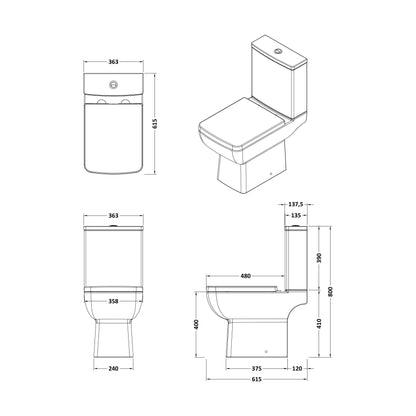 [BCET006] Grindon Contemporary Square Compact Rimless Toilet Pan and Cistern - 800 x 363 x 615mm - Technical Drawing