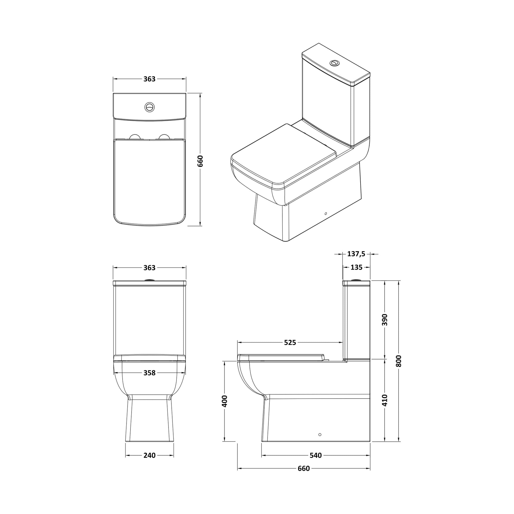 [BCET007] Grindon Contemporary Square Rimless Toilet Pan and Cistern - 800 x 363 x 660mm - Technical Drawing