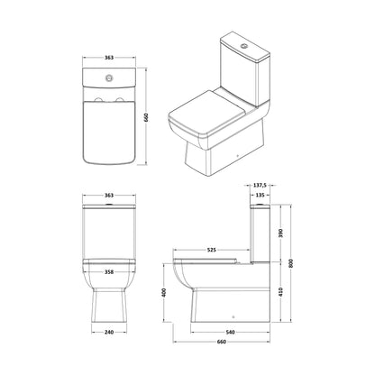 [BCET007] Grindon Contemporary Square Rimless Toilet Pan and Cistern - 800 x 363 x 660mm - Technical Drawing
