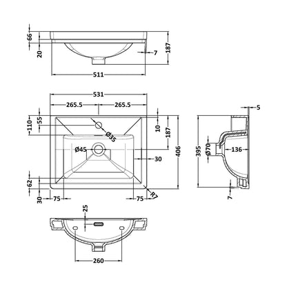 [BCFB502] 500 Classique Basin 1TH - Technical Drawing