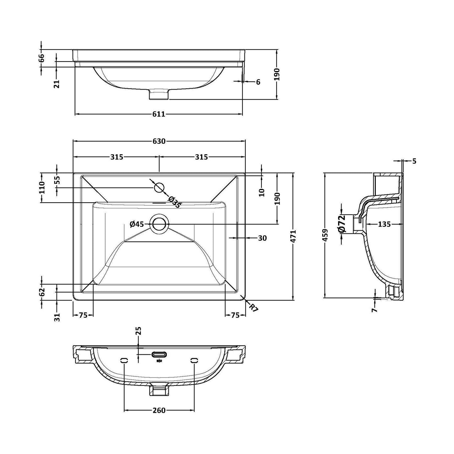 [BCFB503] 600 Classique Basin 1TH - Technical Drawing