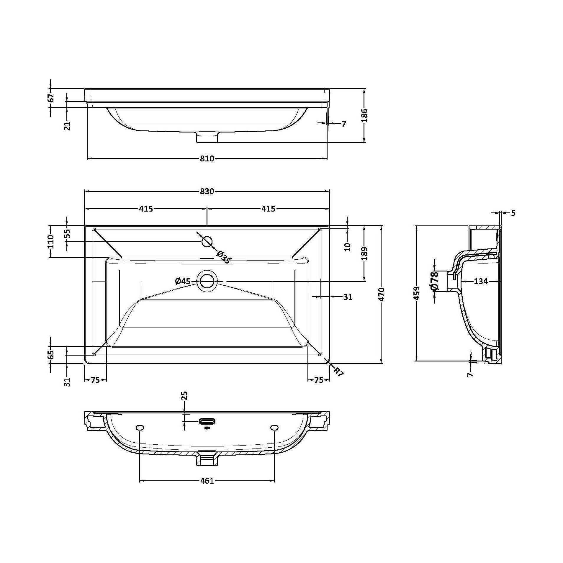 [BCFB505] 800 Classique Basin 1TH - Technical Drawing