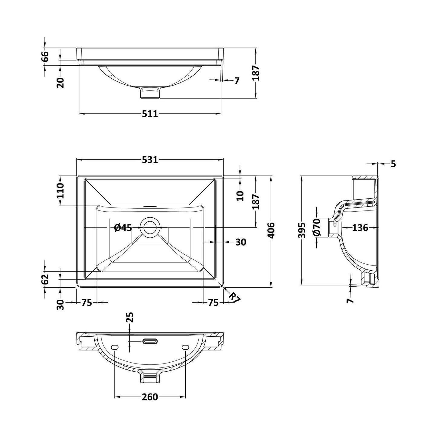 [BCFB512] 500 Classique Basin 0TH - Technical Drawing