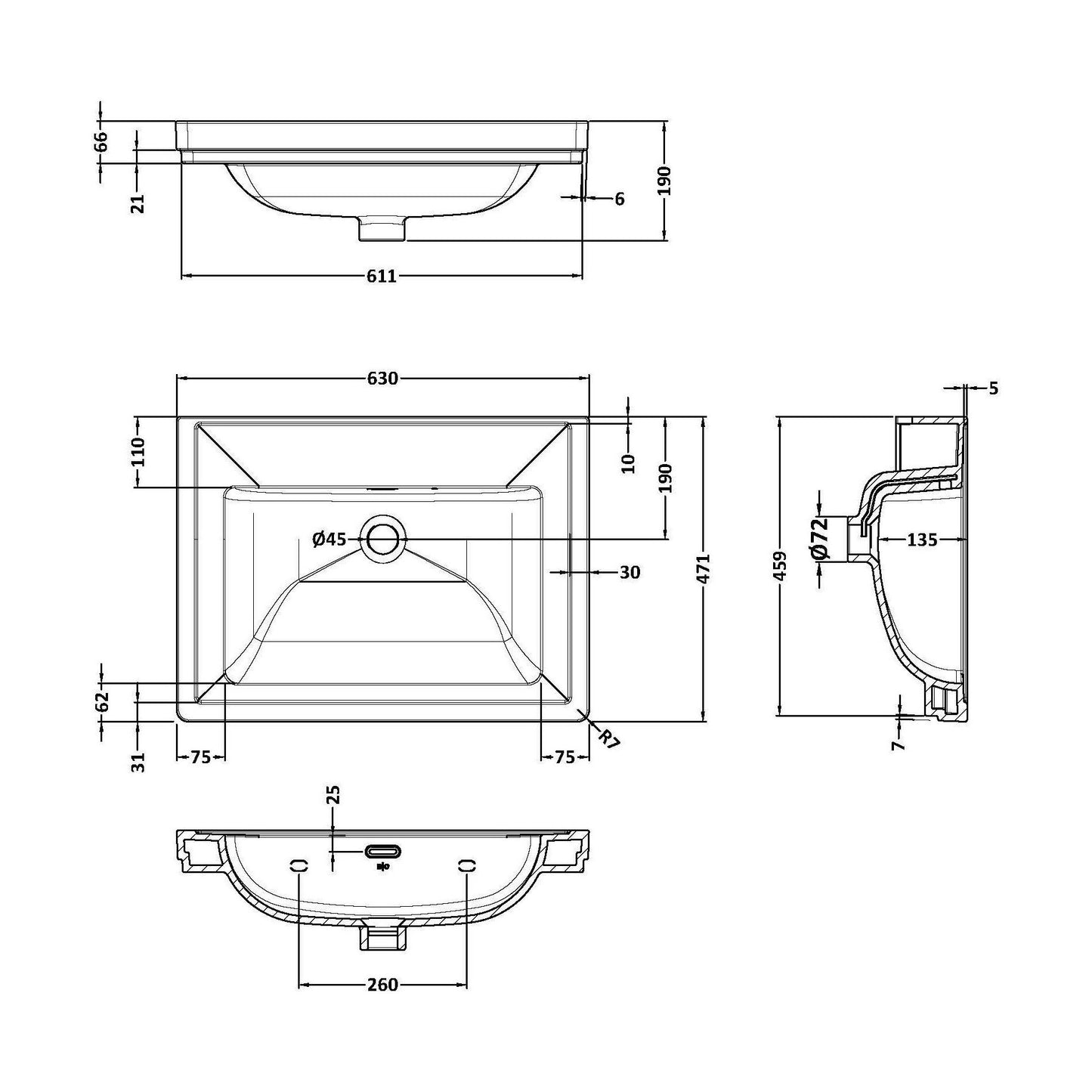 [BCFB513] 600 Classique Basin 0TH - Technical Drawing