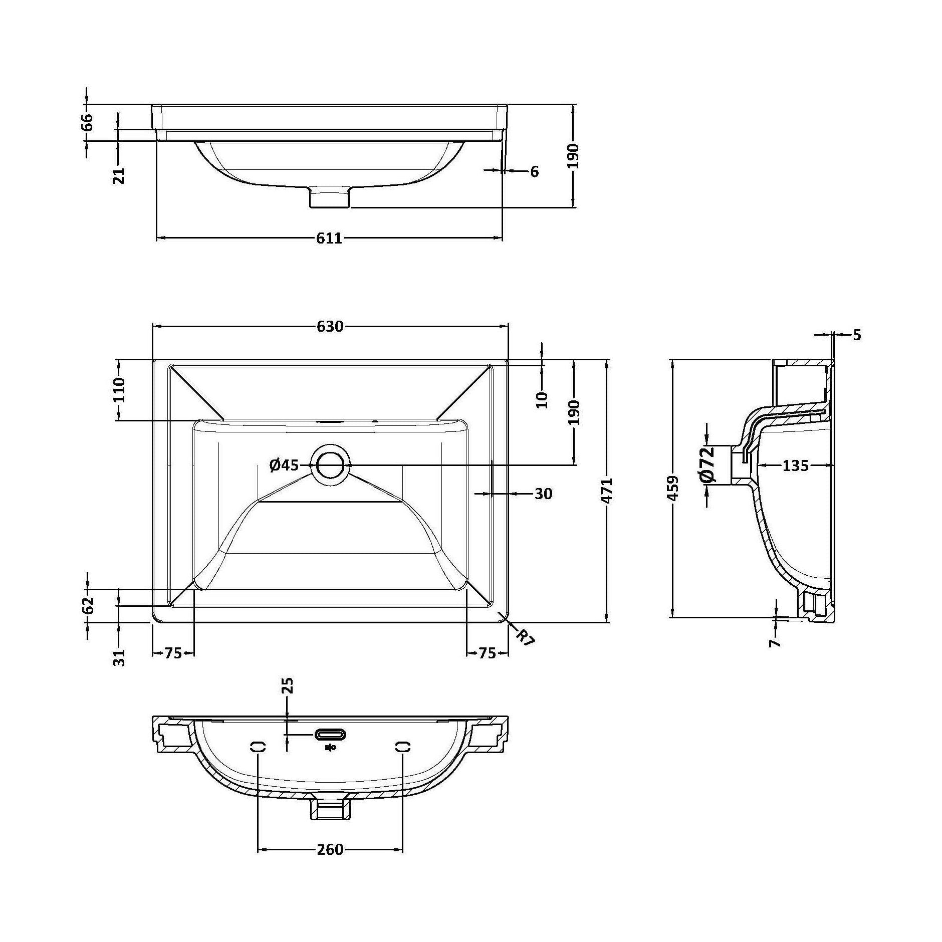 [BCFB513] 600 Classique Basin 0TH - Technical Drawing