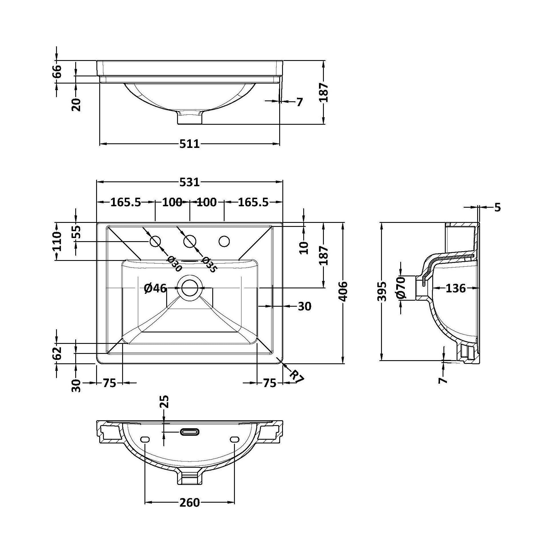 [BCFB532] 500 Classique Basin 3TH - Technical Drawing