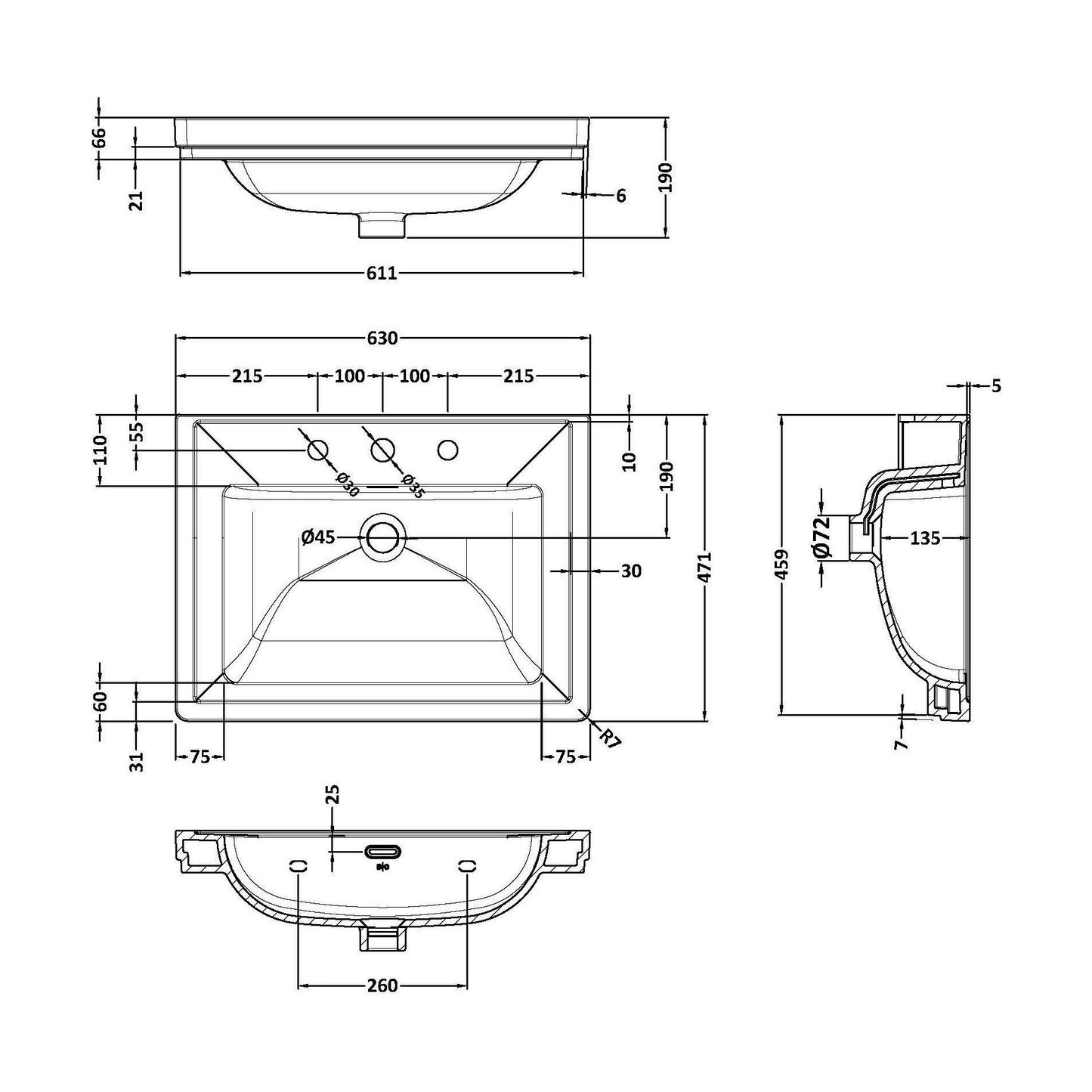 [BCFB533] 600 Classique Basin 3TH - Technical Drawing