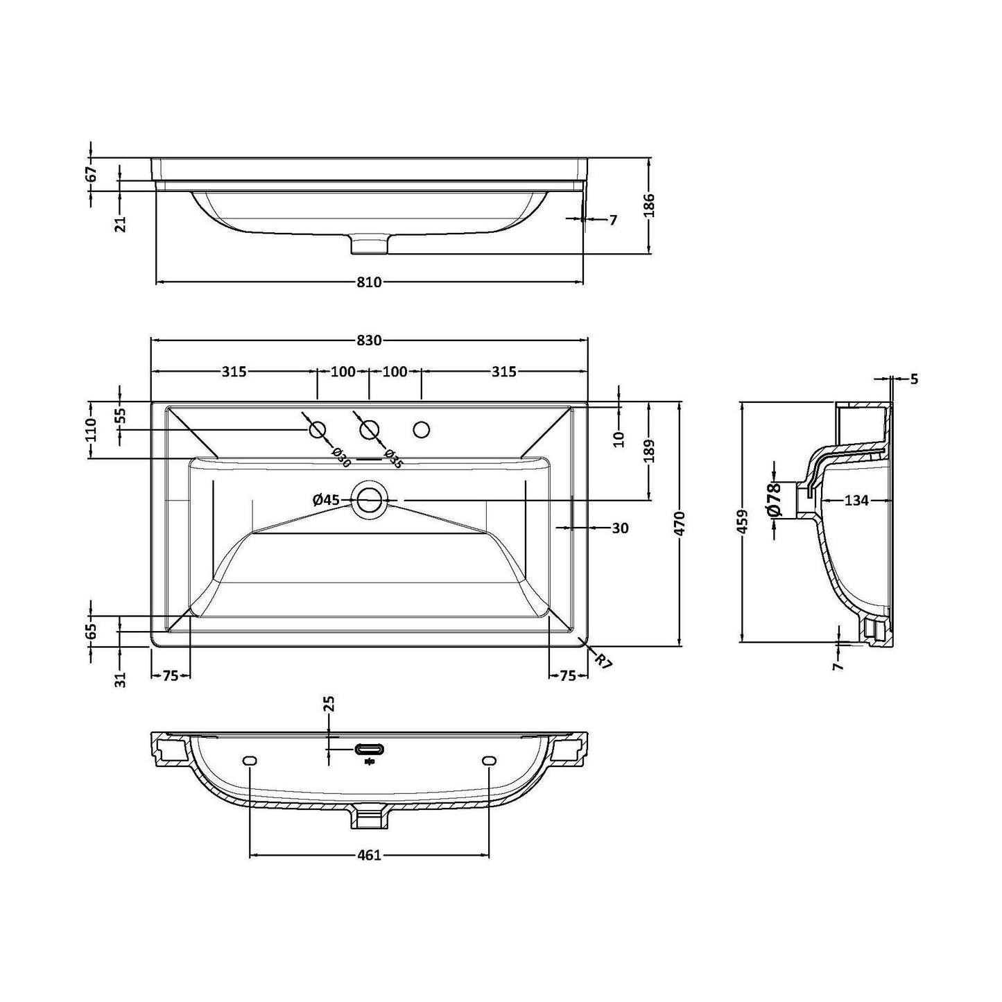 [BCFB535] 800 Classique Basin 3TH - Technical Drawing