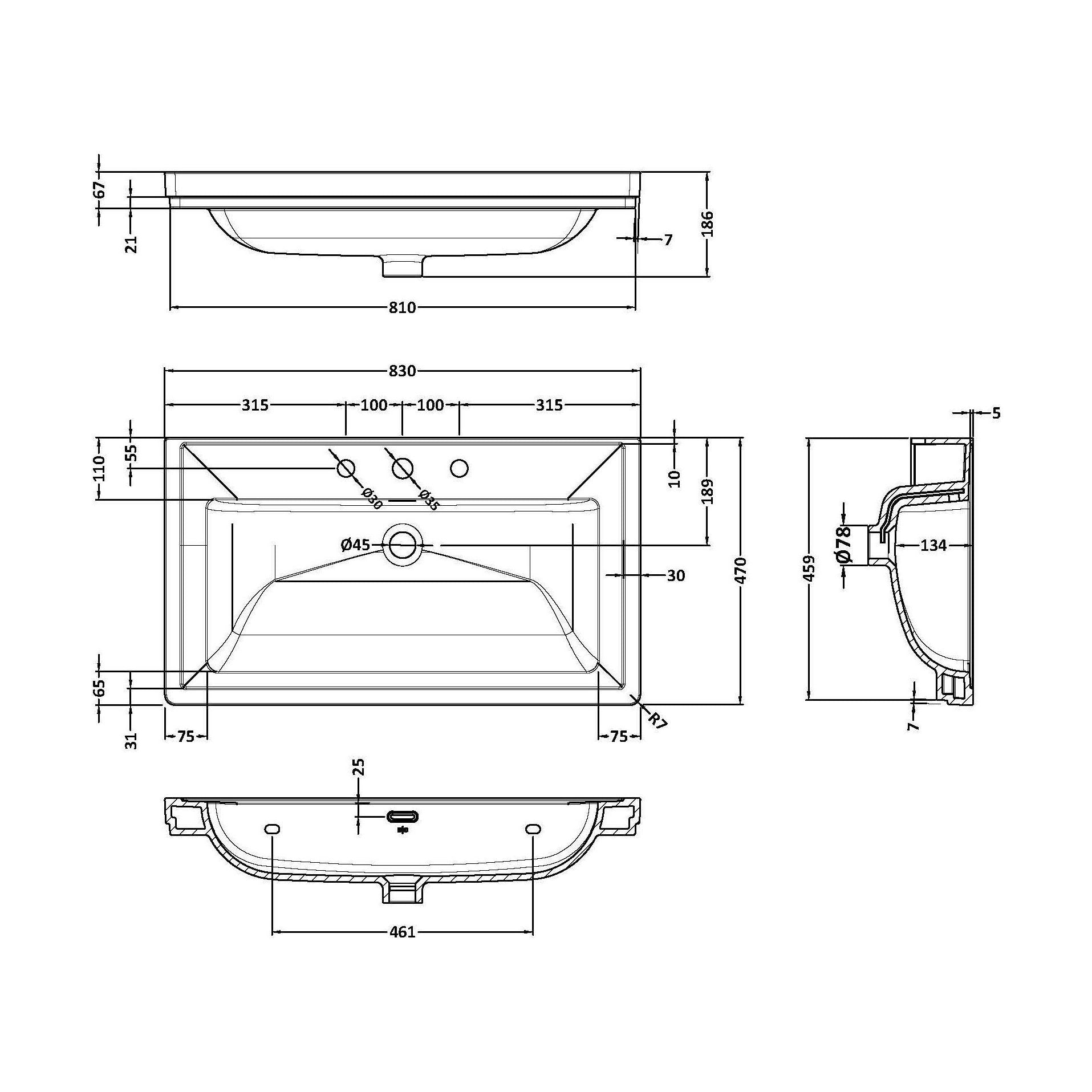 [BCFB535] 800 Classique Basin 3TH - Technical Drawing