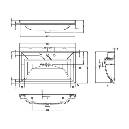 [BCFB535] 800 Classique Basin 3TH - Technical Drawing