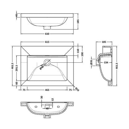 [BCFB613] 600 x 460 Contemporay Basin 0TH - Technical Drawing