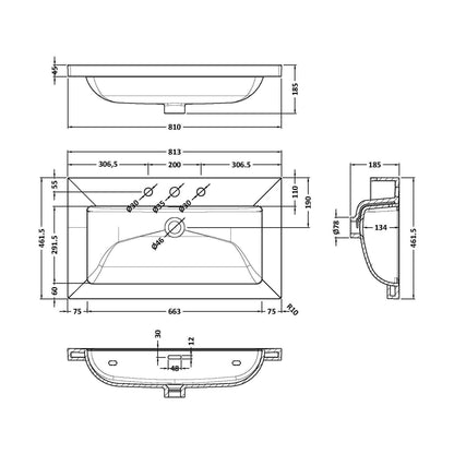 [BCFB635] 800 x 460 Contemporay Basin 3TH - Technical Drawing