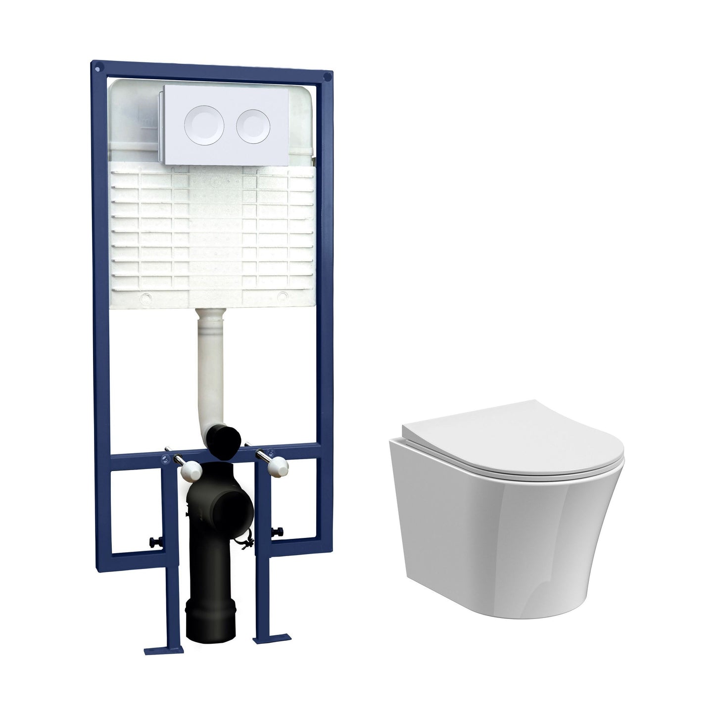[BCFE002] Baswich Contemporary Round Wall Hung Toilet Pan and Seat with Concealed Cistern and Flush Plate with Round Buttons - White - Cutout