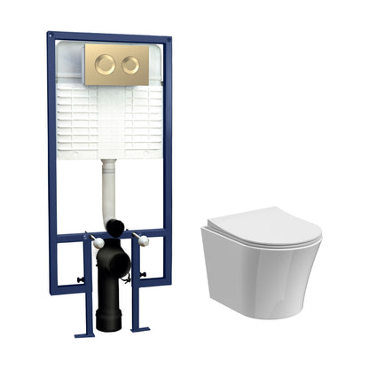 [BCFE003] Baswich Contemporary Round Wall Hung Toilet Pan and Seat with Concealed Cistern and Flush Plate with Round Buttons - White/Brushed Brass - Cutout