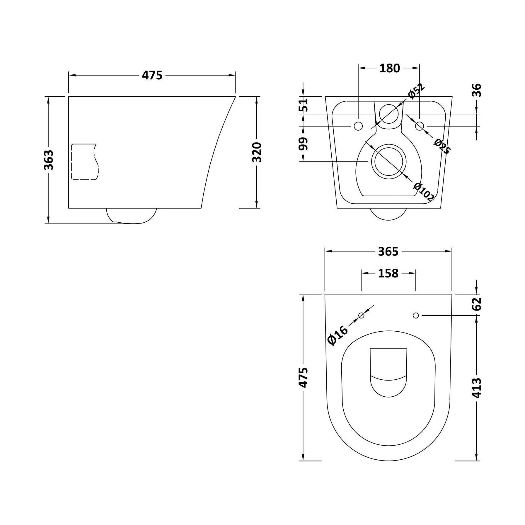 [BCFE003] Baswich Contemporary Round Wall Hung Toilet Pan and Seat with Concealed Cistern and Flush Plate with Round Buttons - White/Brushed Brass - Technical Drawing