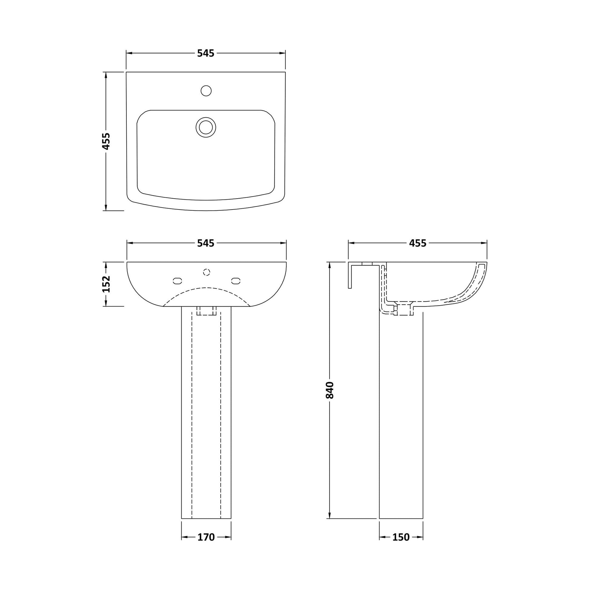 [BCFR400] Hilderstone Modern 1 Tap Hole Basin and Pedestal - 545mm - Technical Drawing